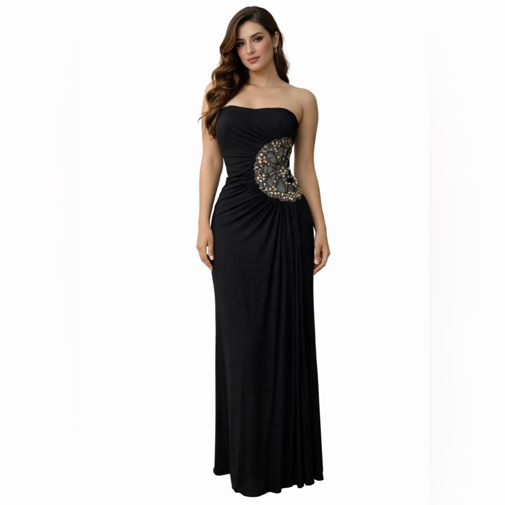 Sky Brand Maxi Dress M Black Side Cut Out W Mesh Stones And Gems New